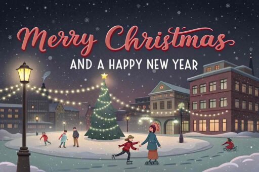 A joyful image of Merry Christmas and a Happy New Year showing families ice skating in a festive town square.