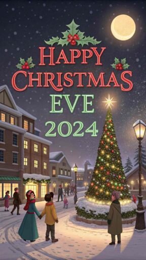 A snowy town square with vibrant "Happy Christmas Eve 2024" glowing above.