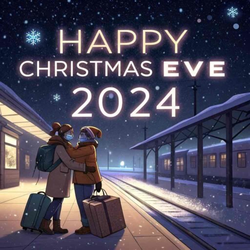 A glowing white "Happy Christmas Eve 2024" above a snowy train station.