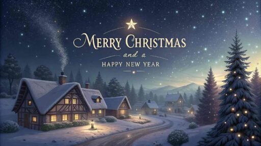 A magical pic of merry christmas and a happy new year showing a snowy village under a sky filled with bold, glowing holiday greetings.