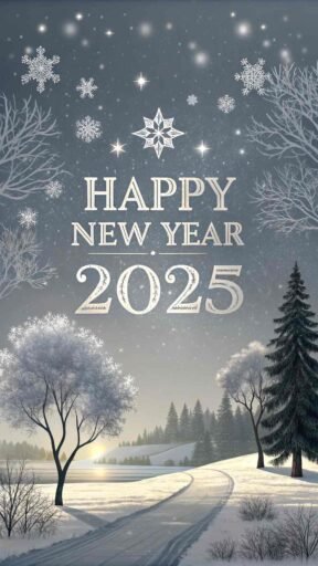 A "happy new year 2025 pic" set in a snowy wonderland with big frosty text.