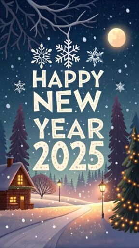 Download this serene "happy new year 2025 image for download," featuring bold text and a winter wonderland theme.