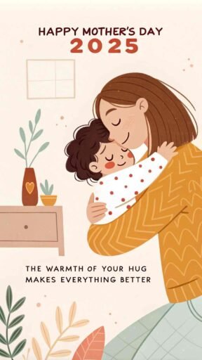 This comforting image shows the strong bond between mother and child. Perfect for Happy Mother’s Day 2025 images​.