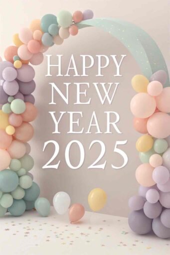 A pastel balloon-themed happy new year 2025 free image with soft, bold text.