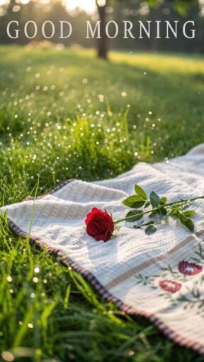 A peaceful good morning image for love, with a picnic blanket, a red rose, and soft light falling on a grassy meadow.