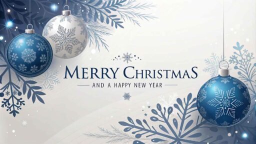 A picture of merry christmas and happy new year in an elegant blue theme. The words "Merry Christmas and A Happy New Year" are written clearly.