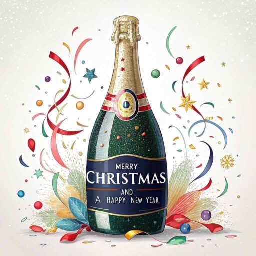 A celebratory pic of merry christmas and a happy new year featuring bold text on a champagne bottle in a festive scene.