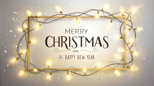 An elegant pic of merry christmas and a happy new year with glowing bold text in a golden-themed festive frame.