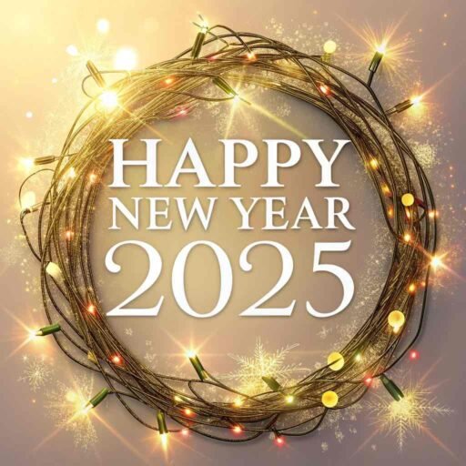 A golden wreath-themed happy new year 2025 free image with elegant, bold text.