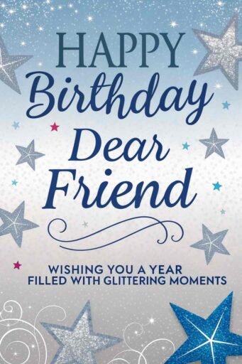 Add some sparkle to the celebration with images of happy birthday dear friend, featuring a glittering blue and silver theme.