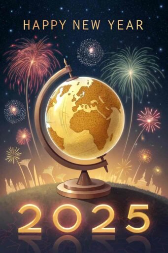 A stunning "happy new years eve 2025 image" featuring a glowing globe and large "HAPPY NEW YEAR 2025" text.
