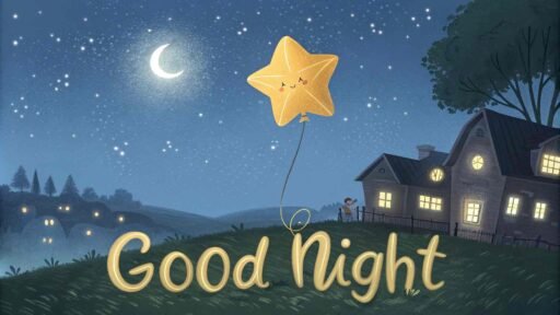 A good night cute image of a glowing star balloon lighting up the calm night.