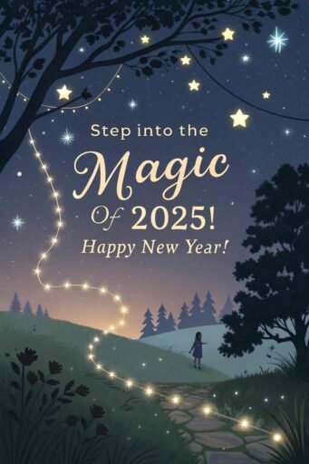 A happy new year 2025 wish image with quote featuring a magical night and an enchanting greeting.