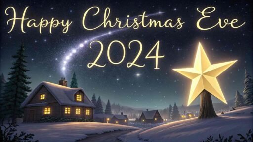 A starry night sky with a glowing white and gold "Happy Christmas Eve 2024" above a snowy village.