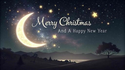 A magical "merry christmas and a happy new year pic" with glowing white text on a starry night background.