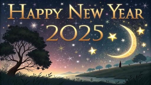 Picture of happy new year 2025 with a serene starry night and bold golden text.