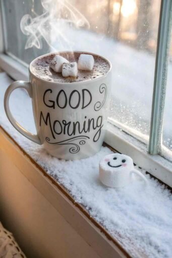 A cute good morning winter image featuring a cozy mug of cocoa with a smile.