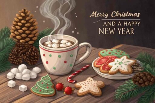 A comforting image of Merry Christmas and a Happy New Year featuring hot cocoa, marshmallows, and holiday decorations.