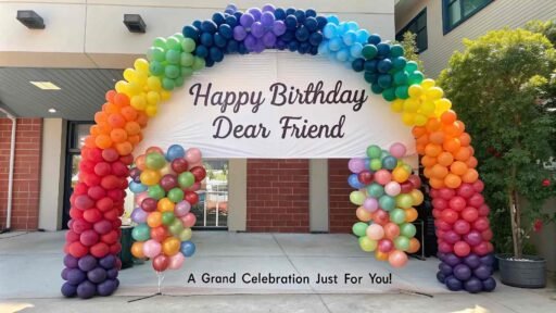 Celebrate in style with images of happy birthday dear friend, featuring a grand balloon arch and festive atmosphere for a memorable birthday.