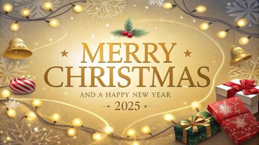 A glowing "merry christmas and happy new year 2025 image" featuring golden lights, snowflakes, and bold festive text in gold.