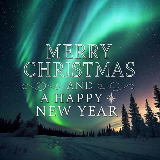 A magical "merry christmas and a happy new year pic" with glowing white text under the northern lights.