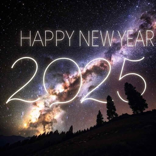 A "happy new year 2025 pic" set in a cosmic landscape with glowing white text.