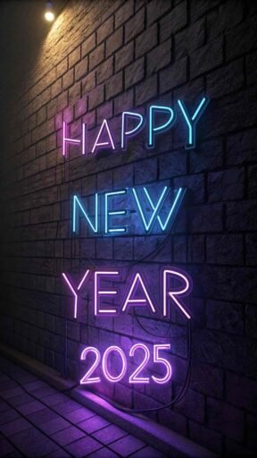 A "happy new year 2025 pic" featuring a glowing neon sign with big, bright letters for the new year.