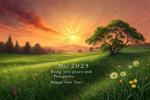 A happy new year 2025 wish image with quote showcasing a nature-inspired sunrise and a calming greeting.