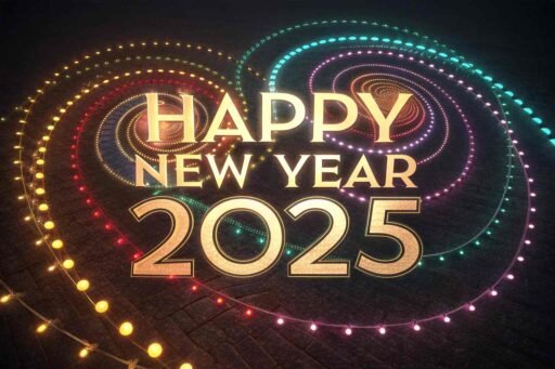 A "happy new year 2025 pic" with a swirl of lights and prominent glowing text.