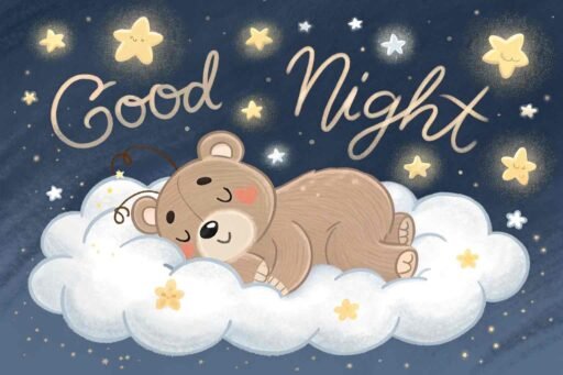 A good night cute image with dreamy teddy bear vibes in a magical night sky.