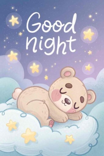 A good night cute image with dreamy teddy bear vibes in a magical night sky.