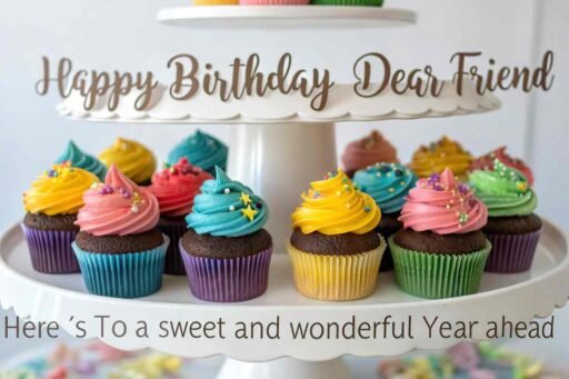 Sweeten the moment with images of happy birthday dear friend, featuring a delightful cupcake stand that makes their celebration even more special.