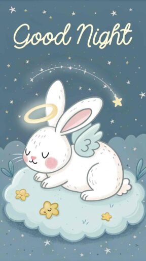 A good night cute image of an angel bunny basking in the glow of a peaceful night sky.