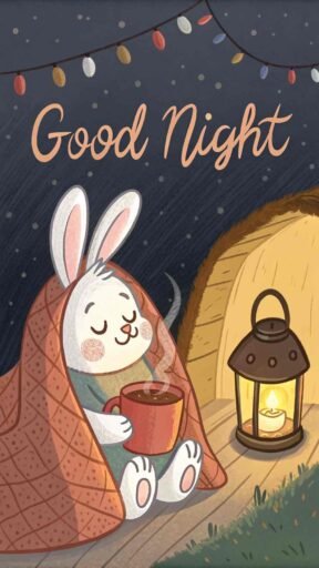A good night cute image of a bunny cuddled up, evoking warmth and relaxation.