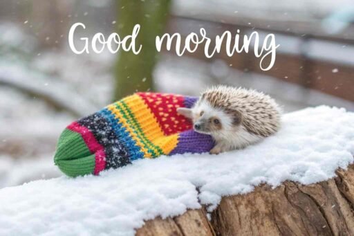 An adorable good morning winter image featuring a cozy hedgehog in wintery surroundings.