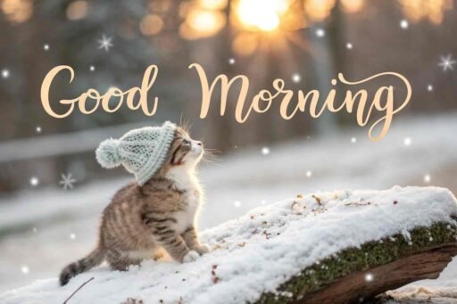 An irresistible good morning winter image featuring a cozy kitten in winter attire.