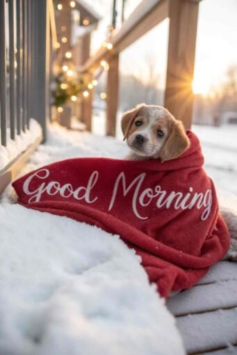 A snug good morning winter image showcasing a warm and cozy winter puppy.