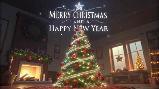 A sparkling image of Merry Christmas and a Happy New Year with a beautifully lit Christmas tree and holiday cheer.