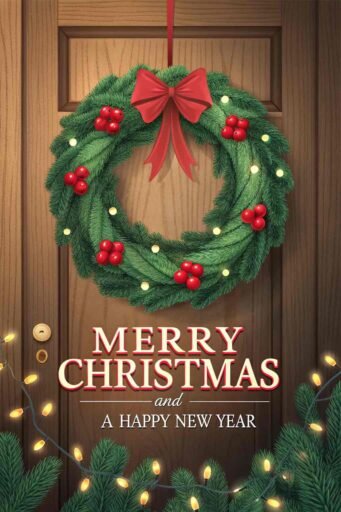 A picture of merry christmas and happy new year with a glowing wreath. "Merry Christmas and A Happy New Year" is clearly written in large text.