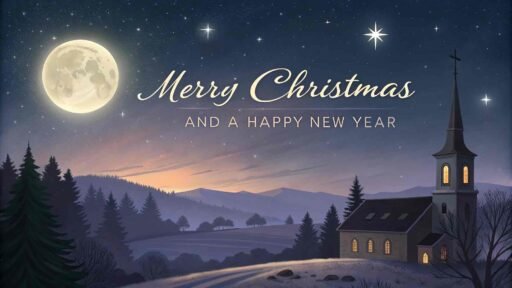 A peaceful merry christmas and a happy new year image showing a serene night with the message "Merry Christmas and A Happy New Year" in the sky.