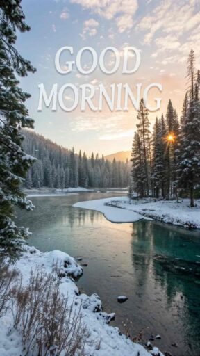 A stunning good morning winter image depicting a frozen lake with frosty pine trees.