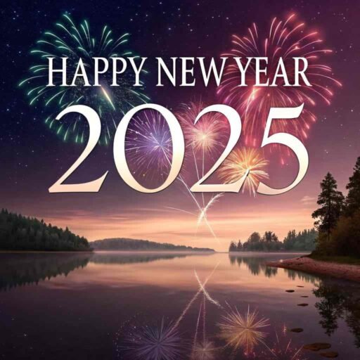 Download this stunning "happy new year 2025 image for free," showcasing fireworks and their reflections on a serene lake.