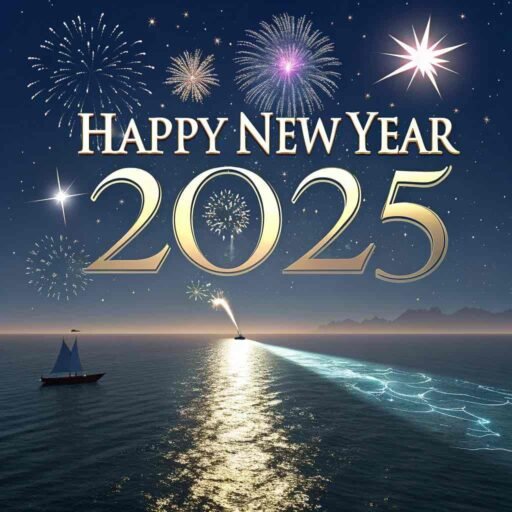 Picture of happy new year 2025 with an ocean reflection and bold glowing text.