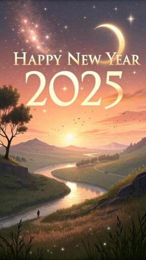 A "happy new year 2025 pic" featuring a serene sunrise and bold glowing text.