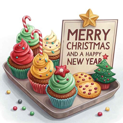 A sweet merry christmas and a happy new year image featuring Christmas cupcakes and the message "Merry Christmas and A Happy New Year" on a sign beside them.