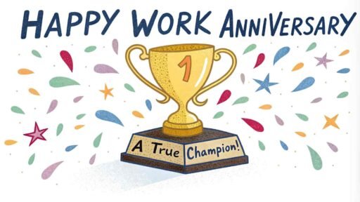 Honor dedication and achievements with happy anniversary images work featuring trophies.