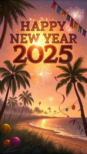 Picture of happy new year 2025 with a tropical beach party and bold, bright text.