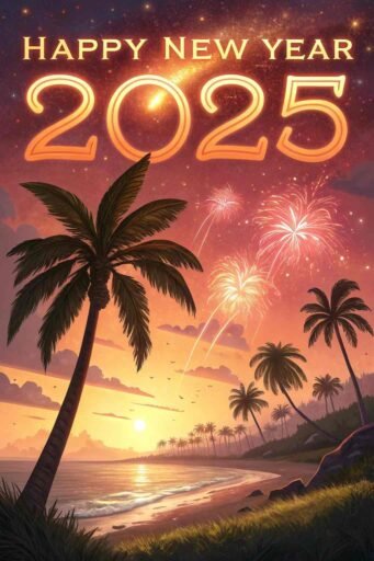 Picture of happy new year 2025 with a tropical sunset and bold glowing text.