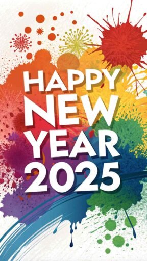 A "happy new year 2025 pic" with bold white text over colorful abstract art.