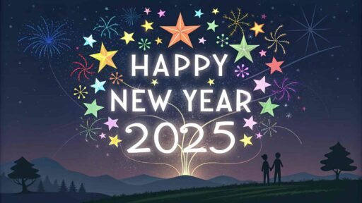 A star explosion-themed happy new year 2025 free image with bright bold text.